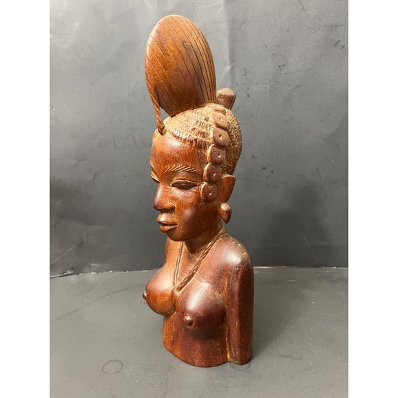 Vintage Hand Carved Wooden African Nude Woman Bust 14 Inch with Headpiece
